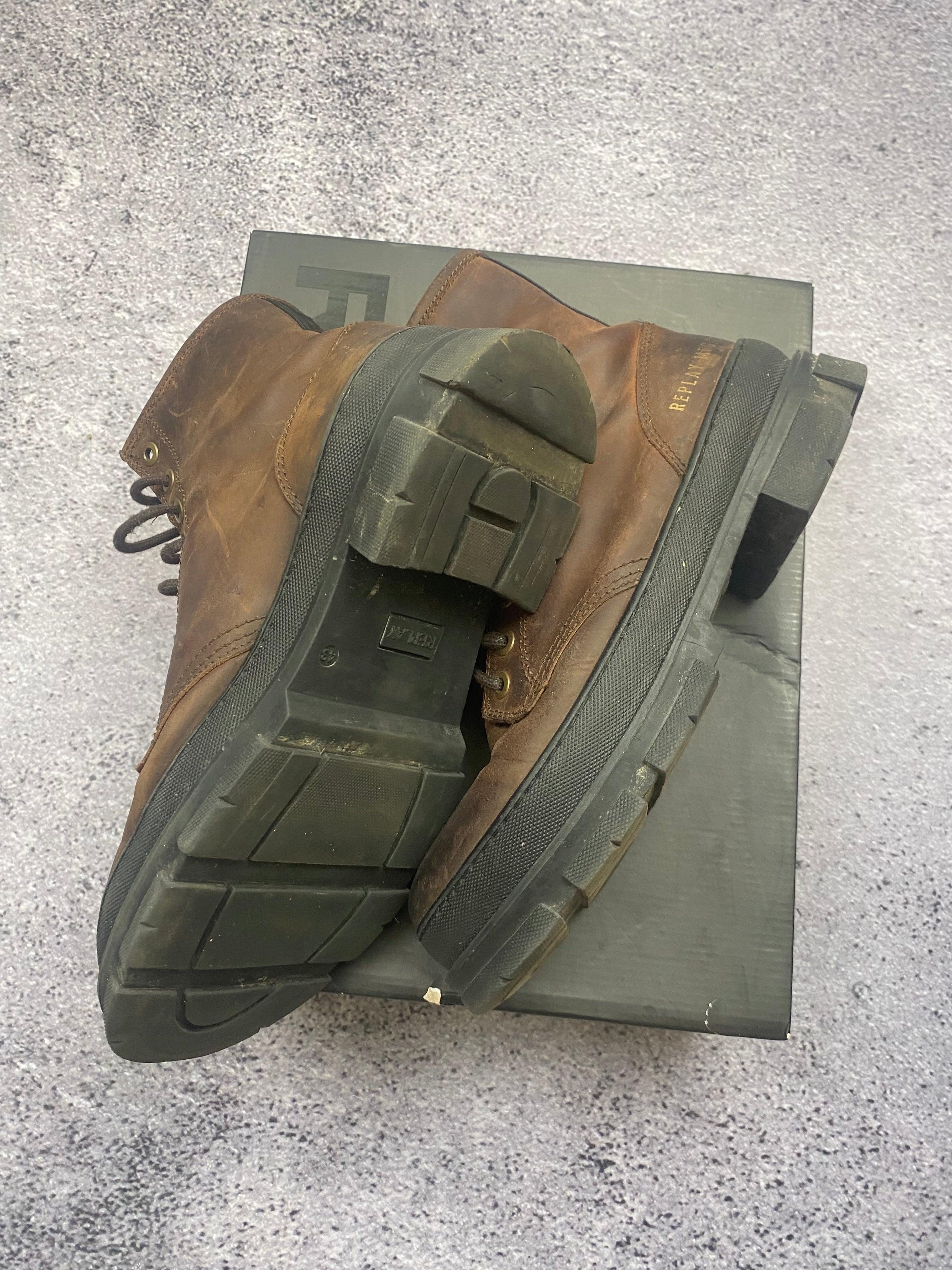 Replay Vintage Leather Combat Boots Brown Lace Up Military Worker Boots 43