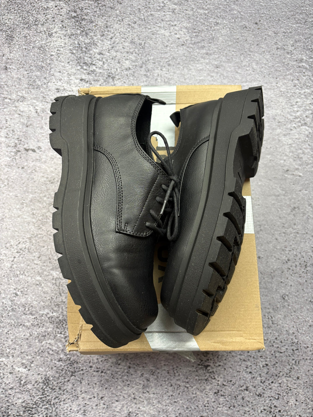 Yourturn Chunky Platform Derby Shoes Black Leather Look Lace Up Lug Sole EU 40 New