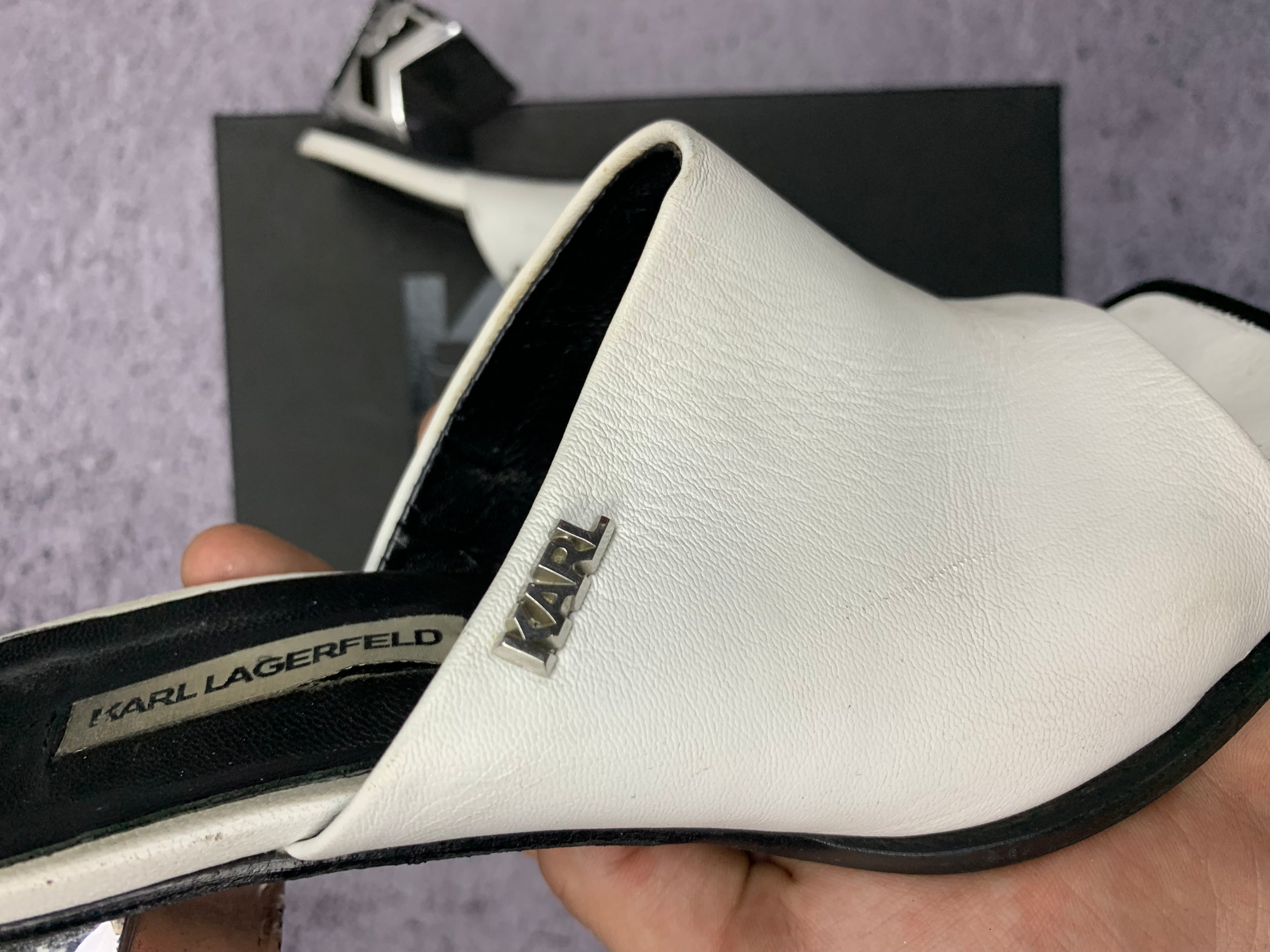 Karl Lagerfeld K-Blok Square Toe Mule r. 36 skórzane klapki na obcasie