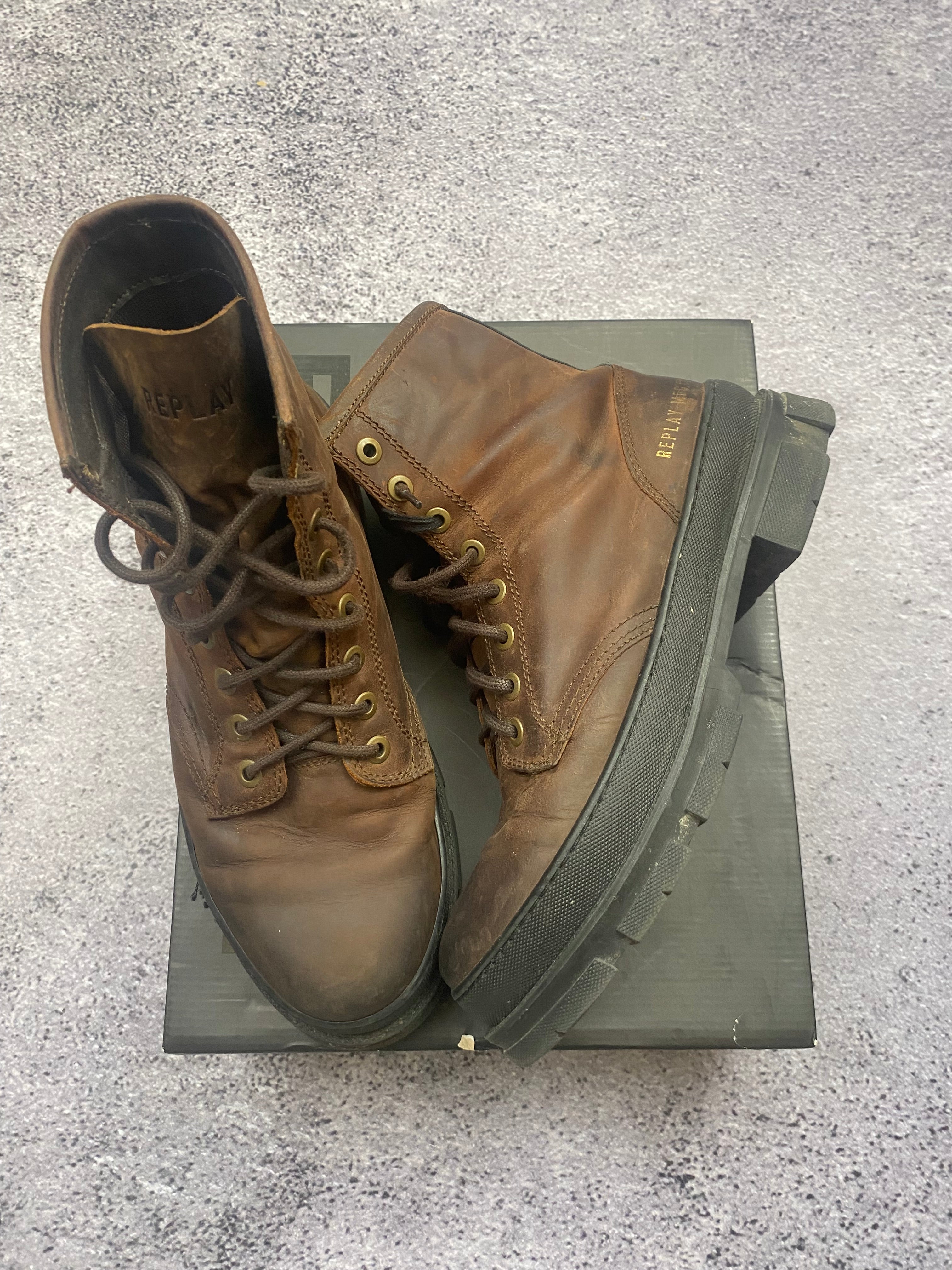 Replay Vintage Leather Combat Boots Brown Lace Up Military Worker Boots 43