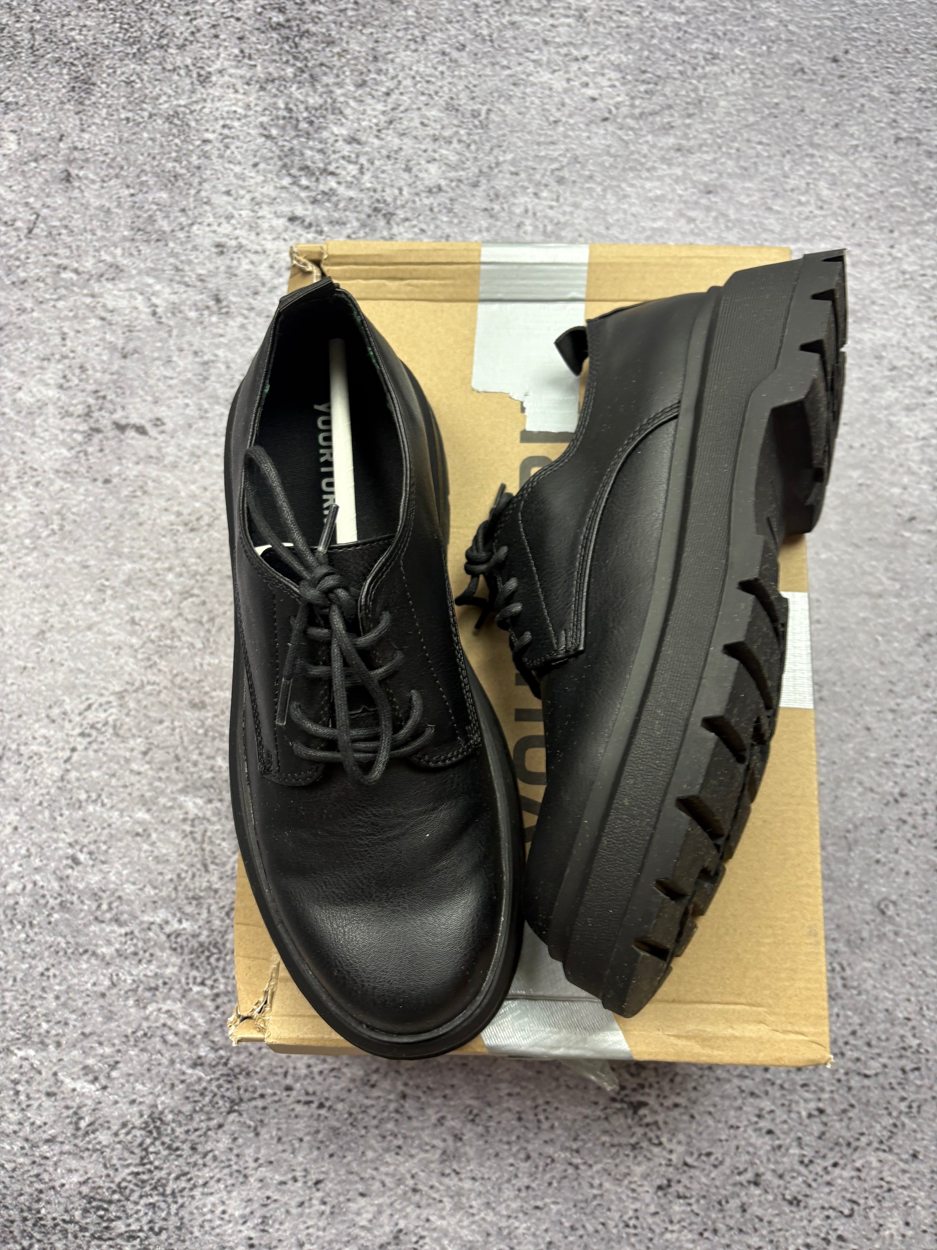 Yourturn Chunky Platform Derby Shoes Black Leather Look Lace Up Lug Sole EU 40 New