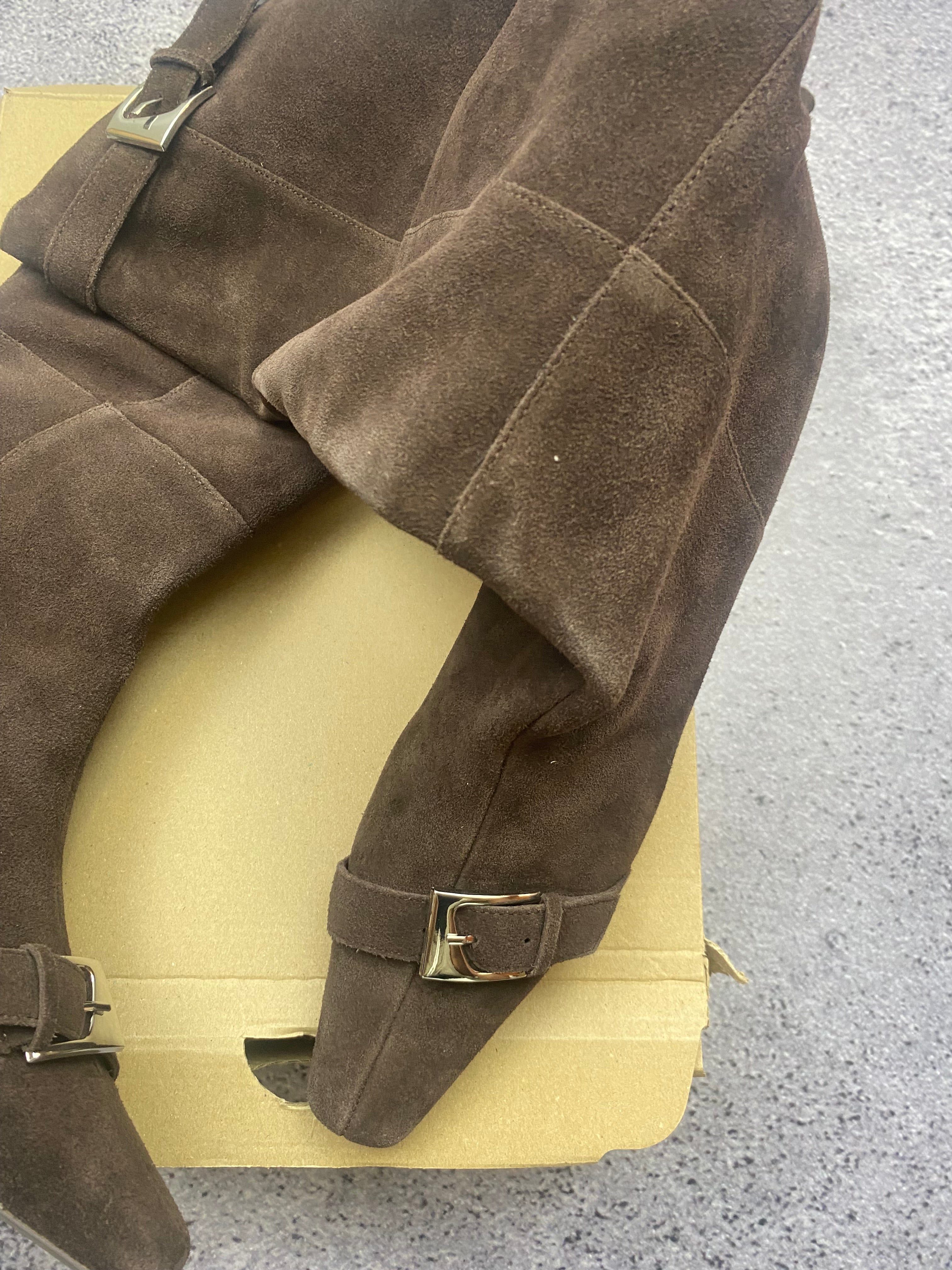 Next Knee High Suede Boots Brown Pointed Toe Block Heel Premium 43
