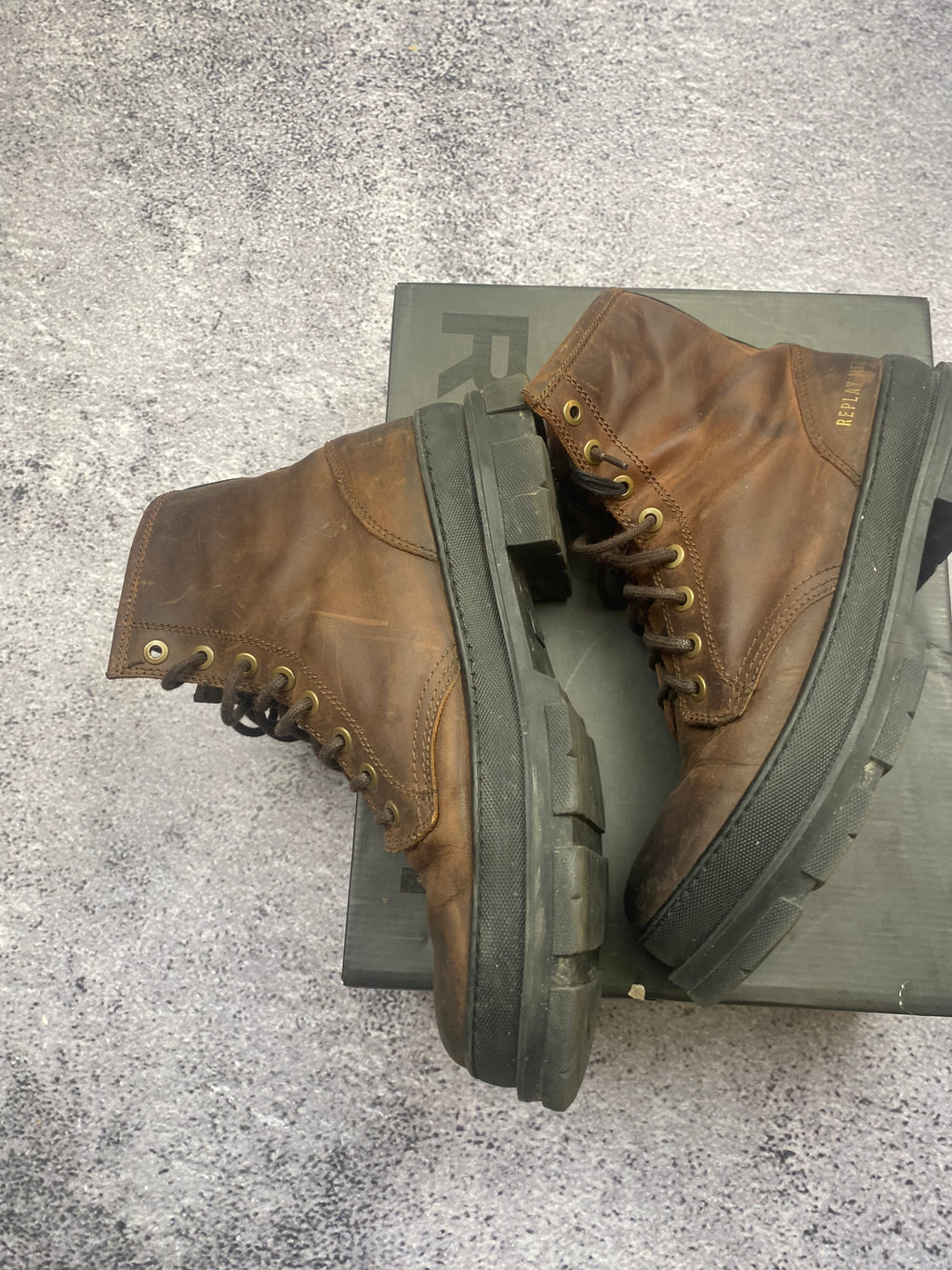 Replay Vintage Leather Combat Boots Brown Lace Up Military Worker Boots 43