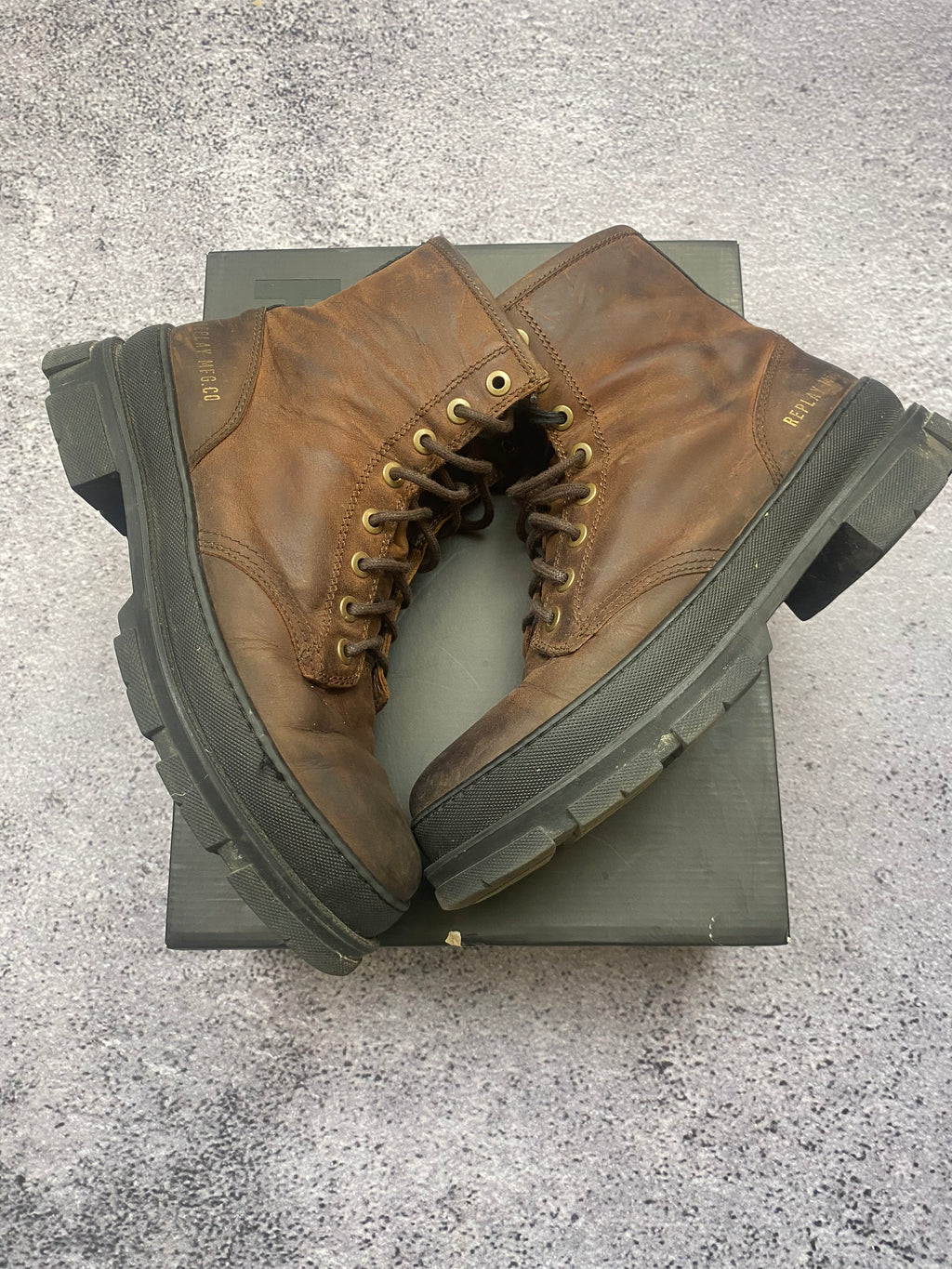 Replay Vintage Leather Combat Boots Brown Lace Up Military Worker Boots 43